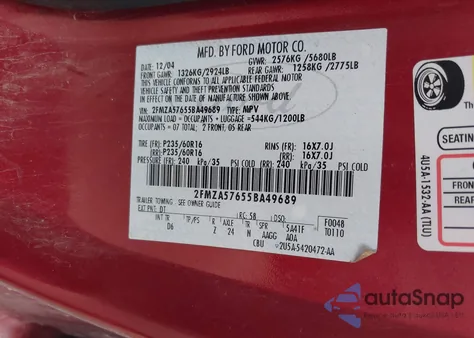 2005 Ford Freestar Ses из США, поврежденный, VIN 2FMZA57655BA49689